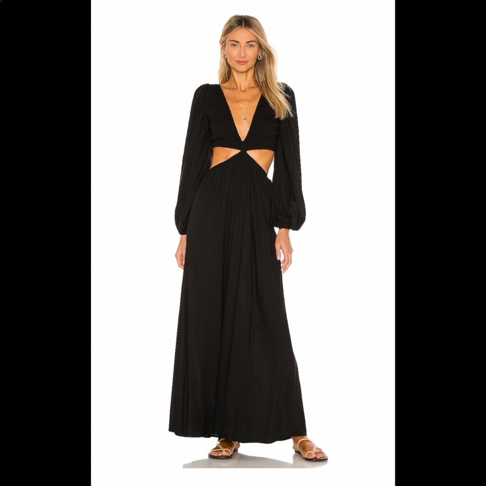 NWT Indah Julie Solid Ruched Bodice Cutaway cutout Maxi Dress in Black XS